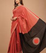 Red cotton hand block printed mulmul sarees with attach printed blouse