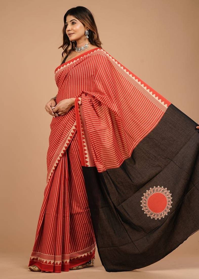 Red cotton hand block printed mulmul sarees with attach printed blouse