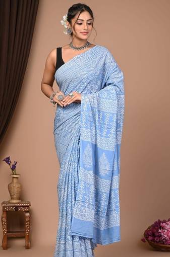Sky blue cotton hand block printed mulmul sarees with attach printed blouse