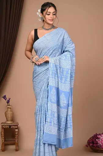 Sky blue cotton hand block printed mulmul sarees with attach printed blouse