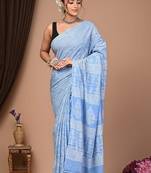 Sky blue cotton hand block printed mulmul sarees with attach printed blouse