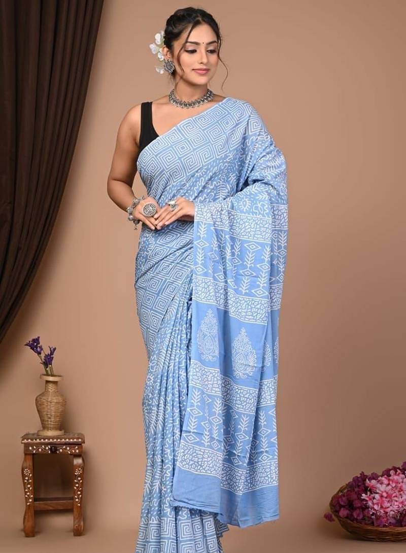 Sky blue cotton hand block printed mulmul sarees with attach printed blouse