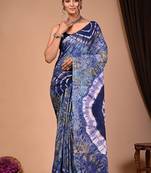 Blue cotton hand block printed mulmul sarees with attach printed blouse