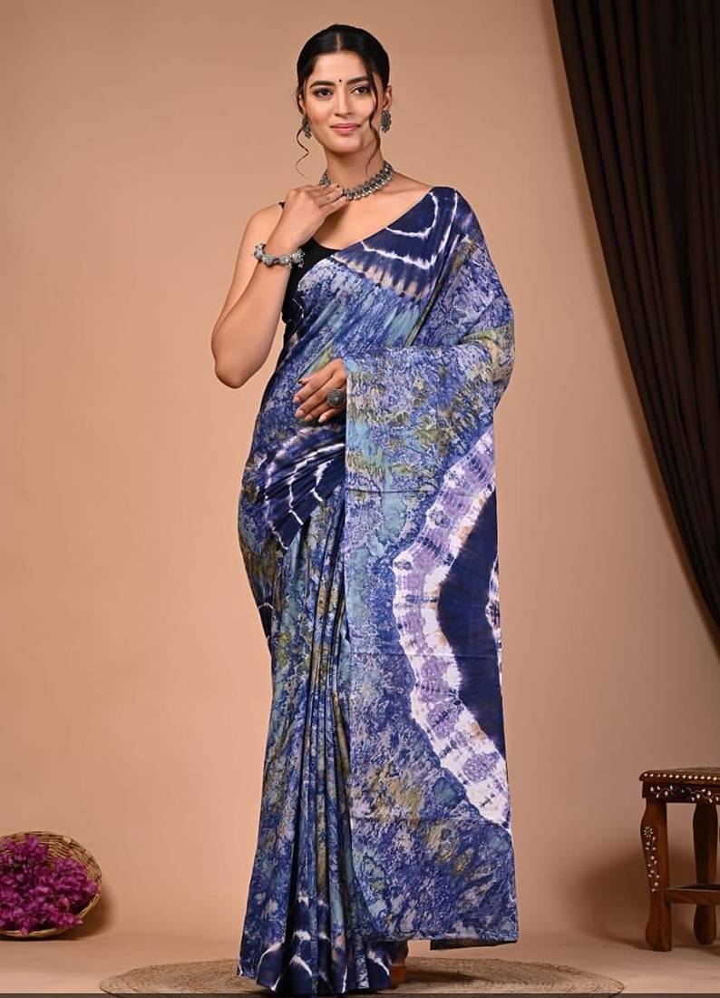 Blue cotton hand block printed mulmul sarees with attach printed blouse