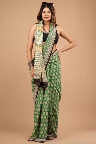 Green cotton hand block printed mulmul sarees with attach printed blouse