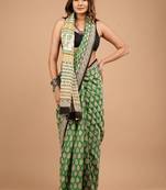 Green cotton hand block printed mulmul sarees with attach printed blouse