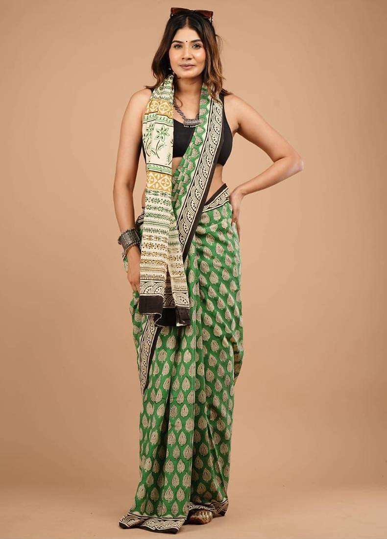Green cotton hand block printed mulmul sarees with attach printed blouse