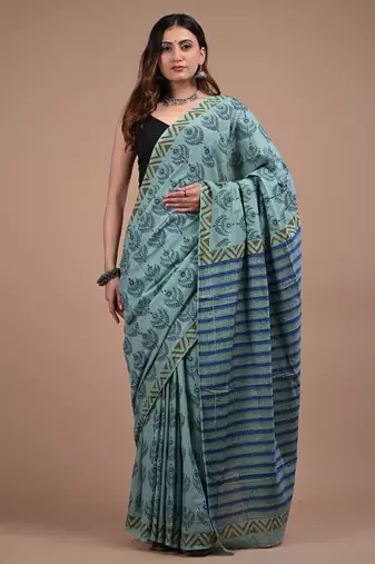 Blue cotton hand block printed mulmul sarees with attach printed blouse