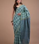 Blue cotton hand block printed mulmul sarees with attach printed blouse