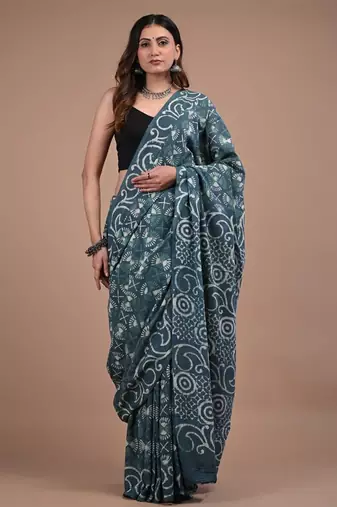 Grey cotton hand block printed mulmul sarees with attach printed blouse