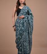 Grey cotton hand block printed mulmul sarees with attach printed blouse