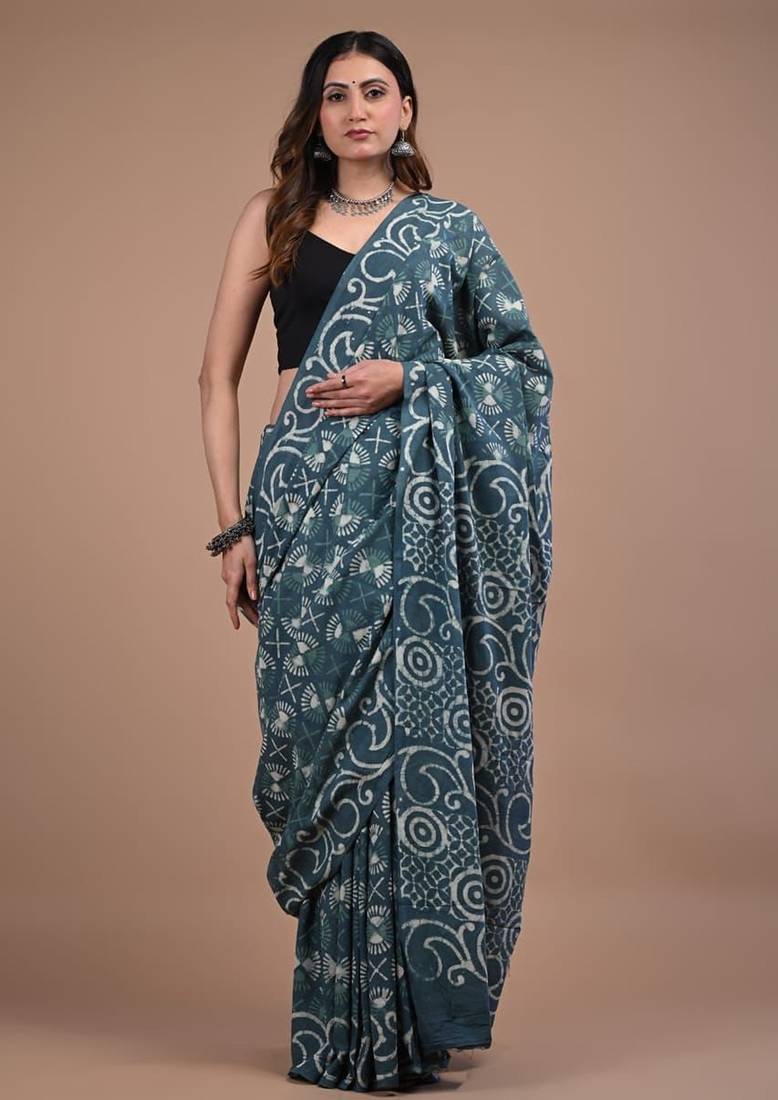 Grey cotton hand block printed mulmul sarees with attach printed blouse
