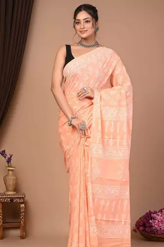 Peach cotton hand block printed mulmul sarees with attach printed blouse
