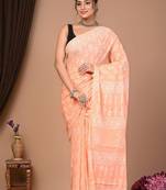 Peach cotton hand block printed mulmul sarees with attach printed blouse