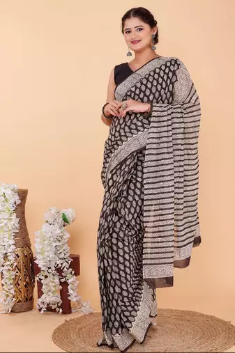 Black cotton hand block printed mulmul sarees with attach printed blouse