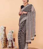 Black cotton hand block printed mulmul sarees with attach printed blouse
