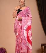 Pink cotton hand block printed mulmul sarees with attach printed blouse