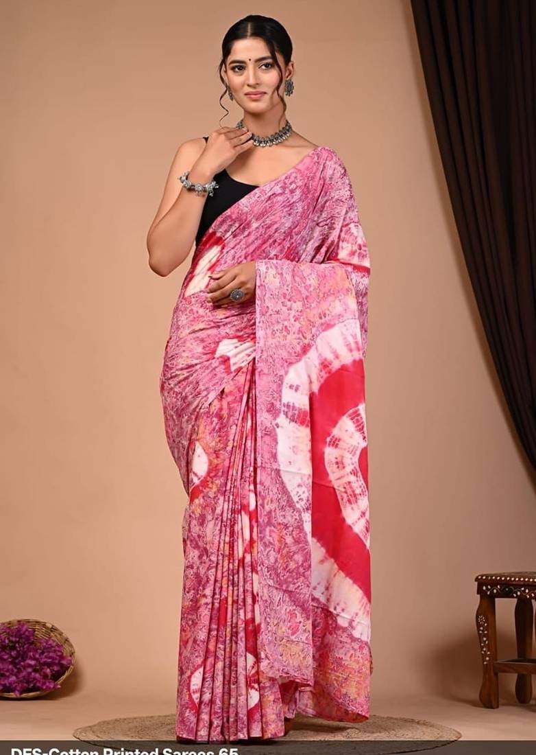Pink cotton hand block printed mulmul sarees with attach printed blouse