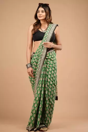 Green cotton hand block printed mulmul sarees with attach printed blouse
