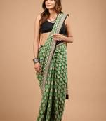 Green cotton hand block printed mulmul sarees with attach printed blouse