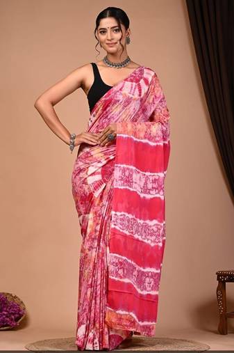 Pink cotton hand block printed mulmul sarees with attach printed blouse