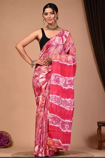 Pink cotton hand block printed mulmul sarees with attach printed blouse