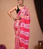 Pink cotton hand block printed mulmul sarees with attach printed blouse
