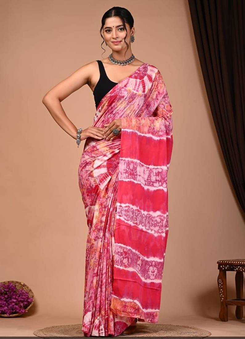 Pink cotton hand block printed mulmul sarees with attach printed blouse