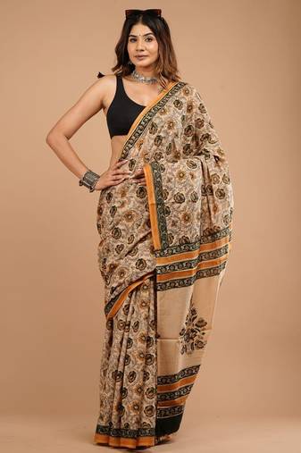 Beige cotton hand block printed mulmul sarees with attach printed blouse
