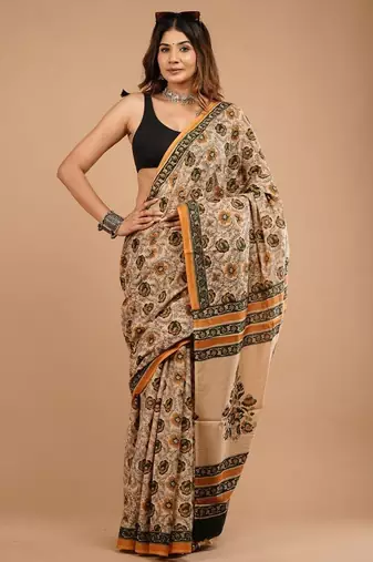 Beige cotton hand block printed mulmul sarees with attach printed blouse