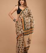 Beige cotton hand block printed mulmul sarees with attach printed blouse