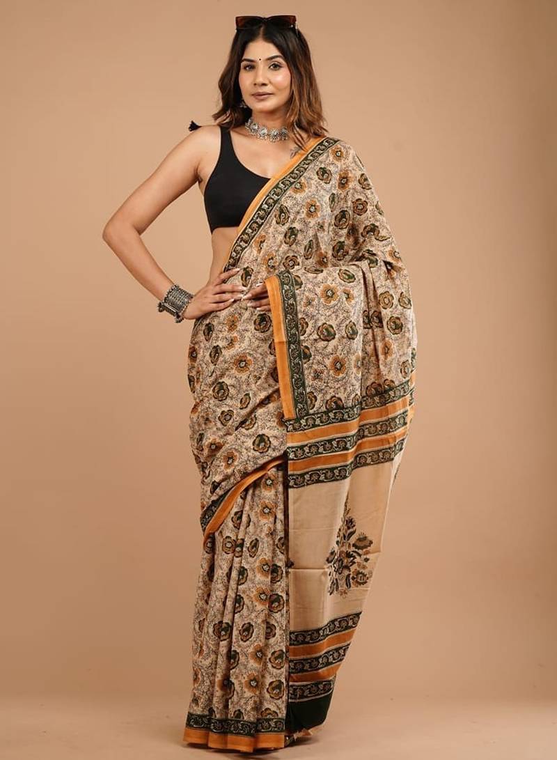 Beige cotton hand block printed mulmul sarees with attach printed blouse