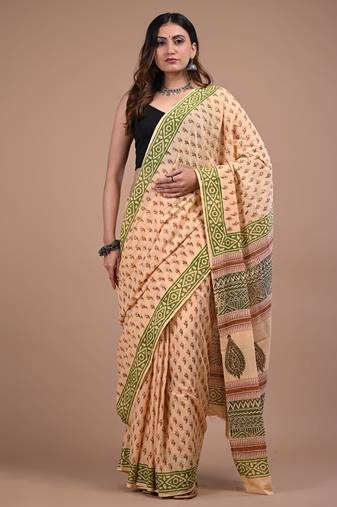 Beige cotton hand block printed mulmul sarees with attach printed blouse