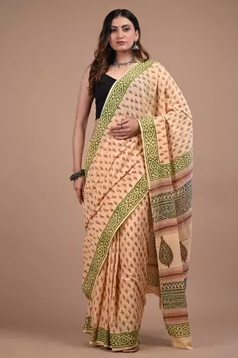Beige cotton hand block printed mulmul sarees with attach printed blouse