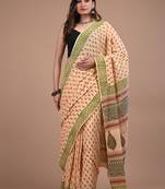 Beige cotton hand block printed mulmul sarees with attach printed blouse
