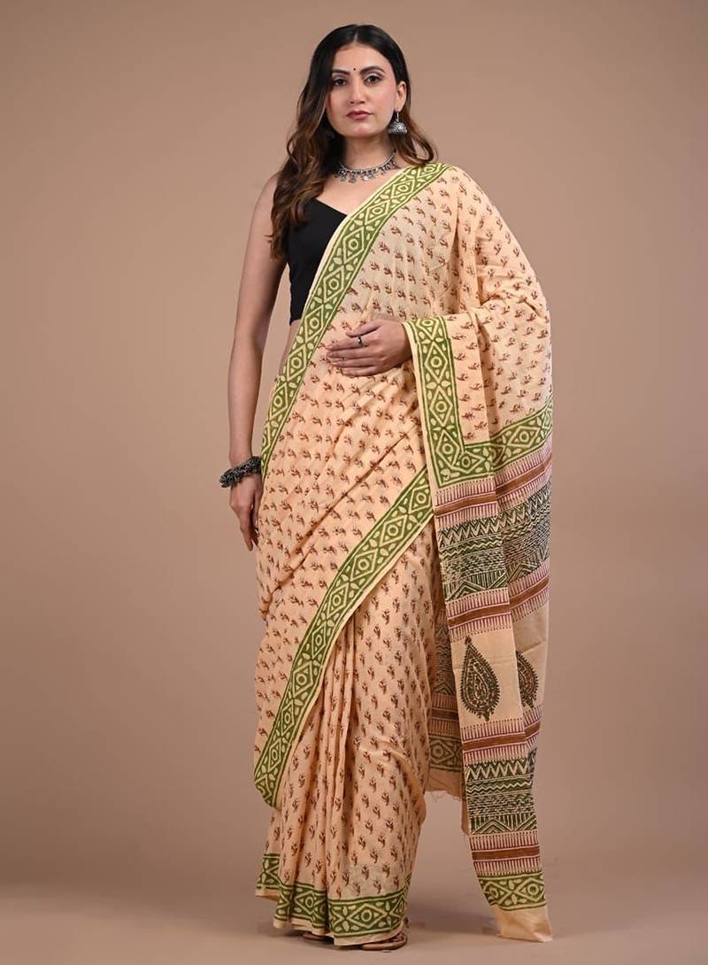 Beige cotton hand block printed mulmul sarees with attach printed blouse