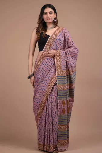 Purple cotton hand block printed mulmul sarees with attach printed blouse