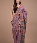 Purple cotton hand block printed mulmul sarees with attach printed blouse