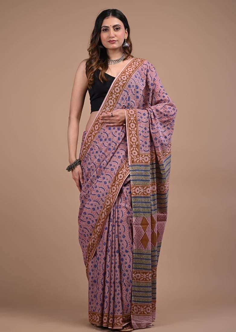 Purple cotton hand block printed mulmul sarees with attach printed blouse