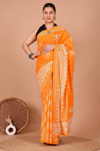 Orange soft mul cotton saree with unstiched attached blouse piece