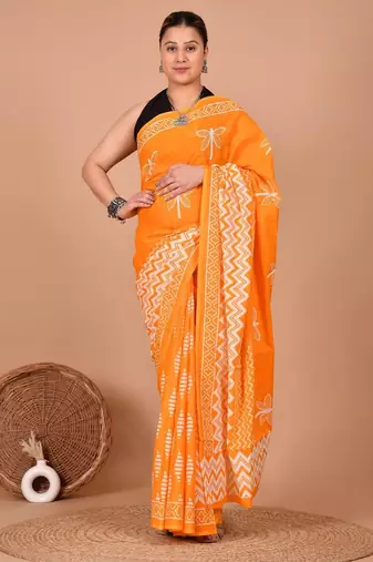 Orange soft mul cotton saree with unstiched attached blouse piece