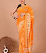 Orange soft mul cotton saree with unstiched attached blouse piece