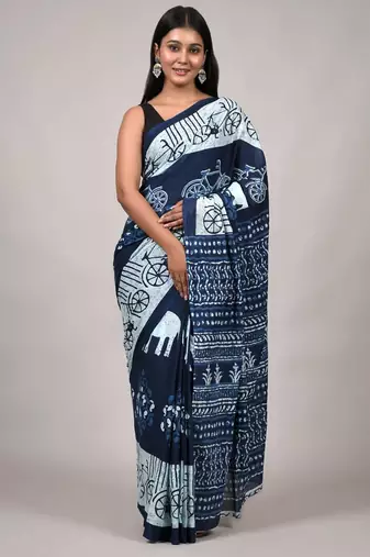 Blue soft mul cotton saree with unstiched attached blouse piece