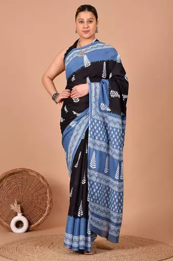 Black soft mul cotton saree with unstiched attached blouse piece