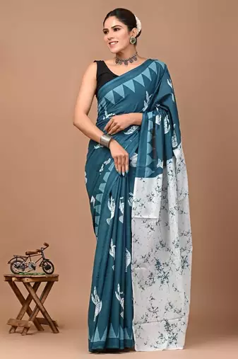 Blue soft mul cotton saree with unstiched attached blouse piece