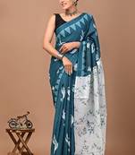 Blue soft mul cotton saree with unstiched attached blouse piece
