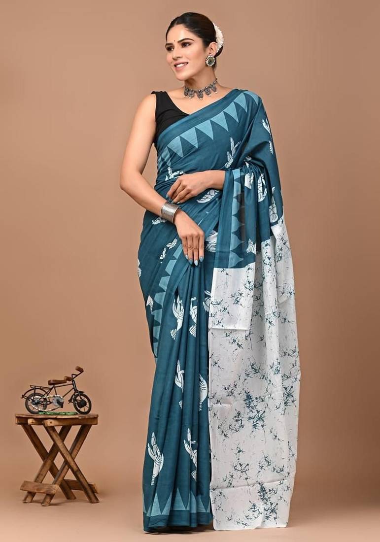 Blue soft mul cotton saree with unstiched attached blouse piece