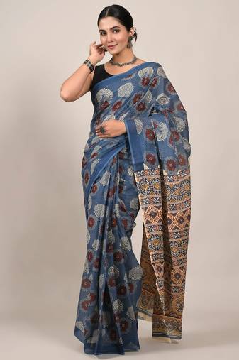 Blue soft mul cotton saree with unstiched attached blouse piece