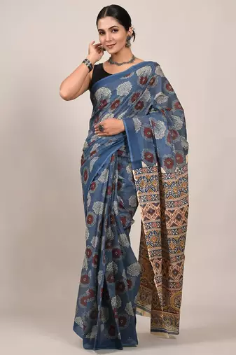 Blue soft mul cotton saree with unstiched attached blouse piece
