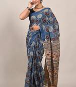 Blue soft mul cotton saree with unstiched attached blouse piece